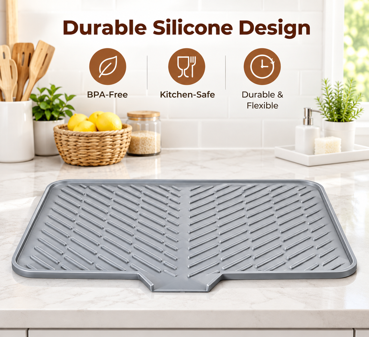 SMARTHOME™ Silicone Dish Drying Mat with Built-in Drain Lip